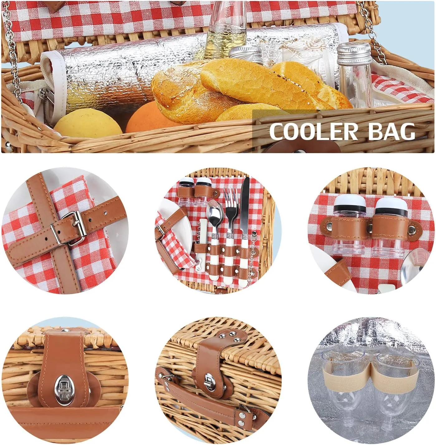 ZORMY Wicker Picnic Basket for 2 Person, Willow Hamper Basket Sets with Insulated Compartment, Handmade 2 Person Picnic Basket Classical Red Check with Utensils Cutlery Perfect for Picnic, Camping